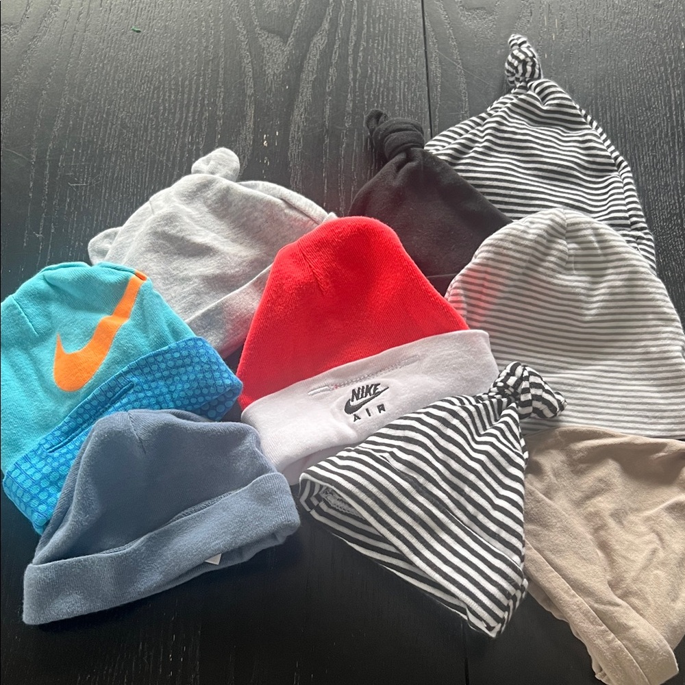 Assorted baby hats Blue, Black, Gray and Beige, Coral, striped